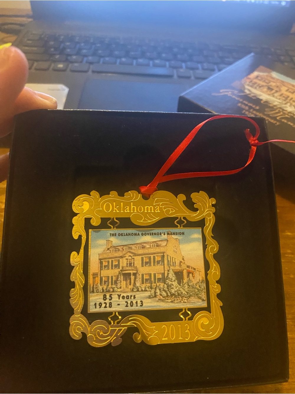 MT Gold Oklahoma Governor's Mansion Holiday Ornament with Red Ribbon
